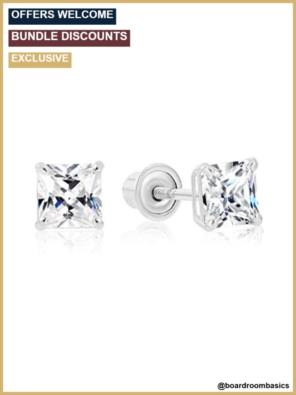 14k White Gold Princess-Cut CZ Solitaire Stud Earrings Screw-Back